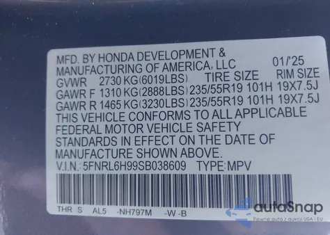 2025 Honda Odyssey Elite from USA, damaged, VIN 5FNRL6H99SB038609